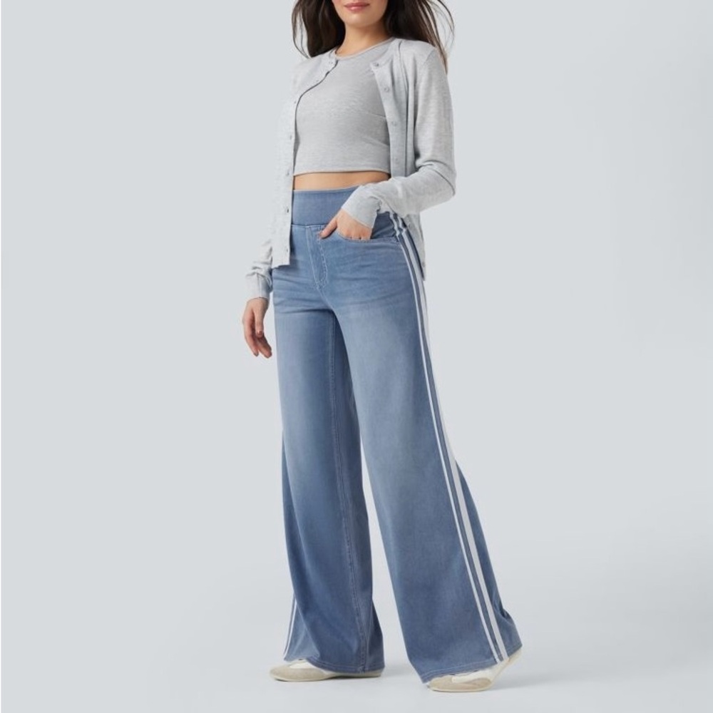 Halara Jeans Women's Medium Sunset Blue Flex High Waisted Stripe Wide Leg Flowy
